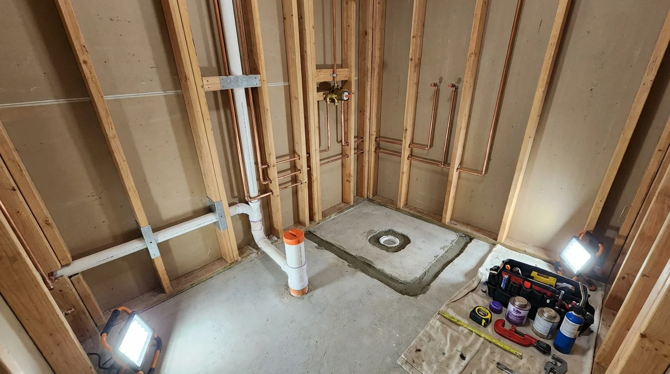 Bathroom rough-in plumbing during remodel by Johns Plumbing LLC in Woodward