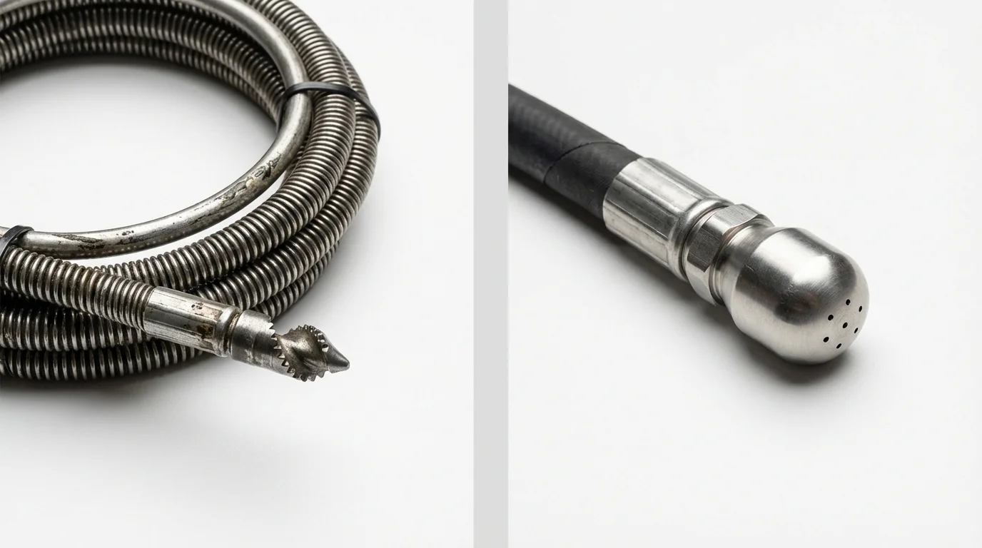 Drain snake cable and hydro jetting nozzle used for drain cleaning in Woodward, IA