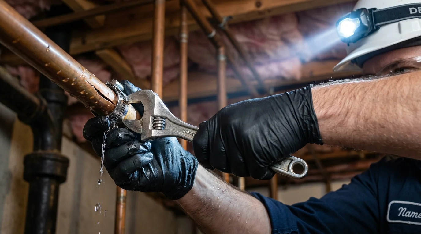 Emergency pipe clamp repair being performed by a Johns Plumbing LLC plumber in Woodward