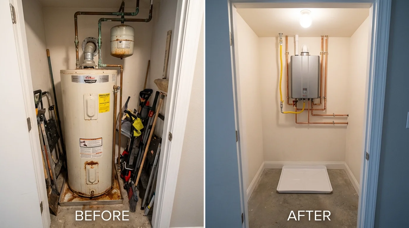 Tank water heater versus wall-mounted tankless unit comparison for Woodward, IA homeowners
