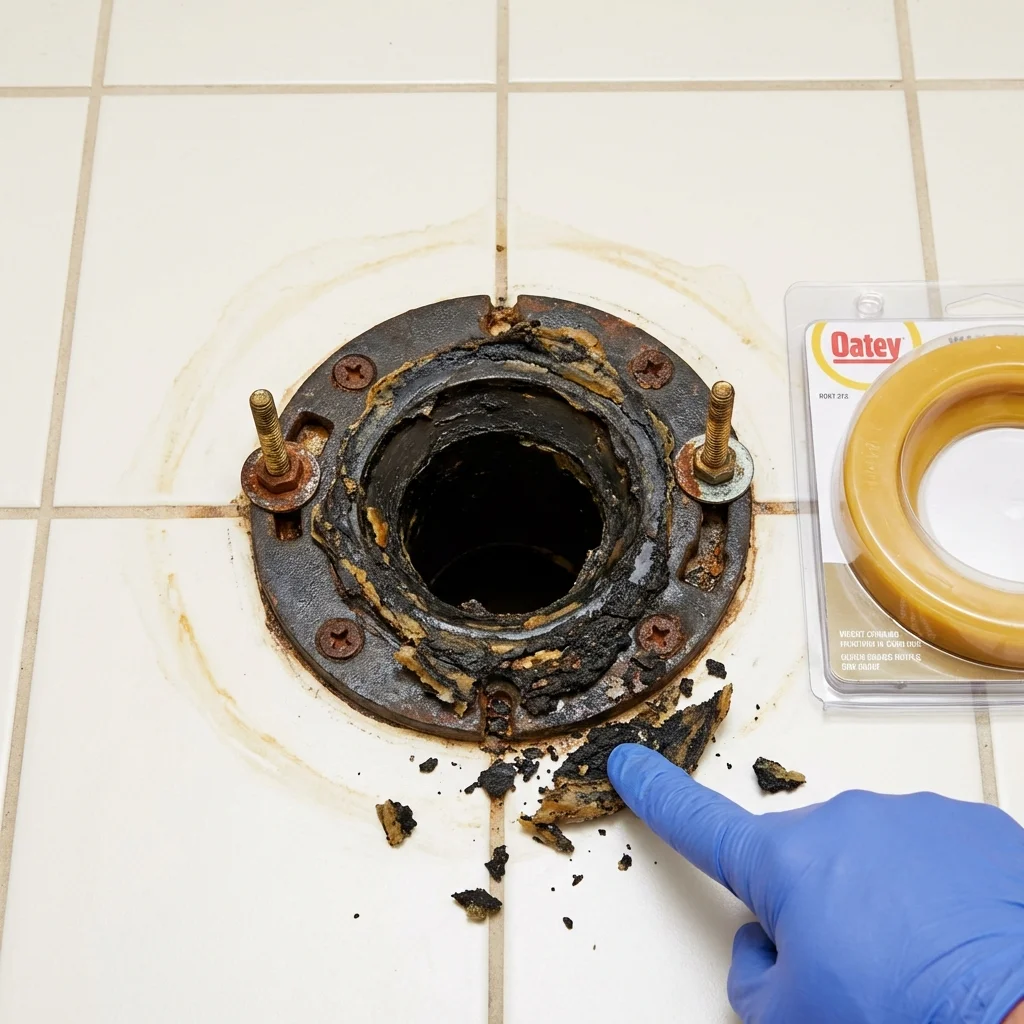 Failed wax ring showing water seepage at the base of a toilet in a Woodward, IA home