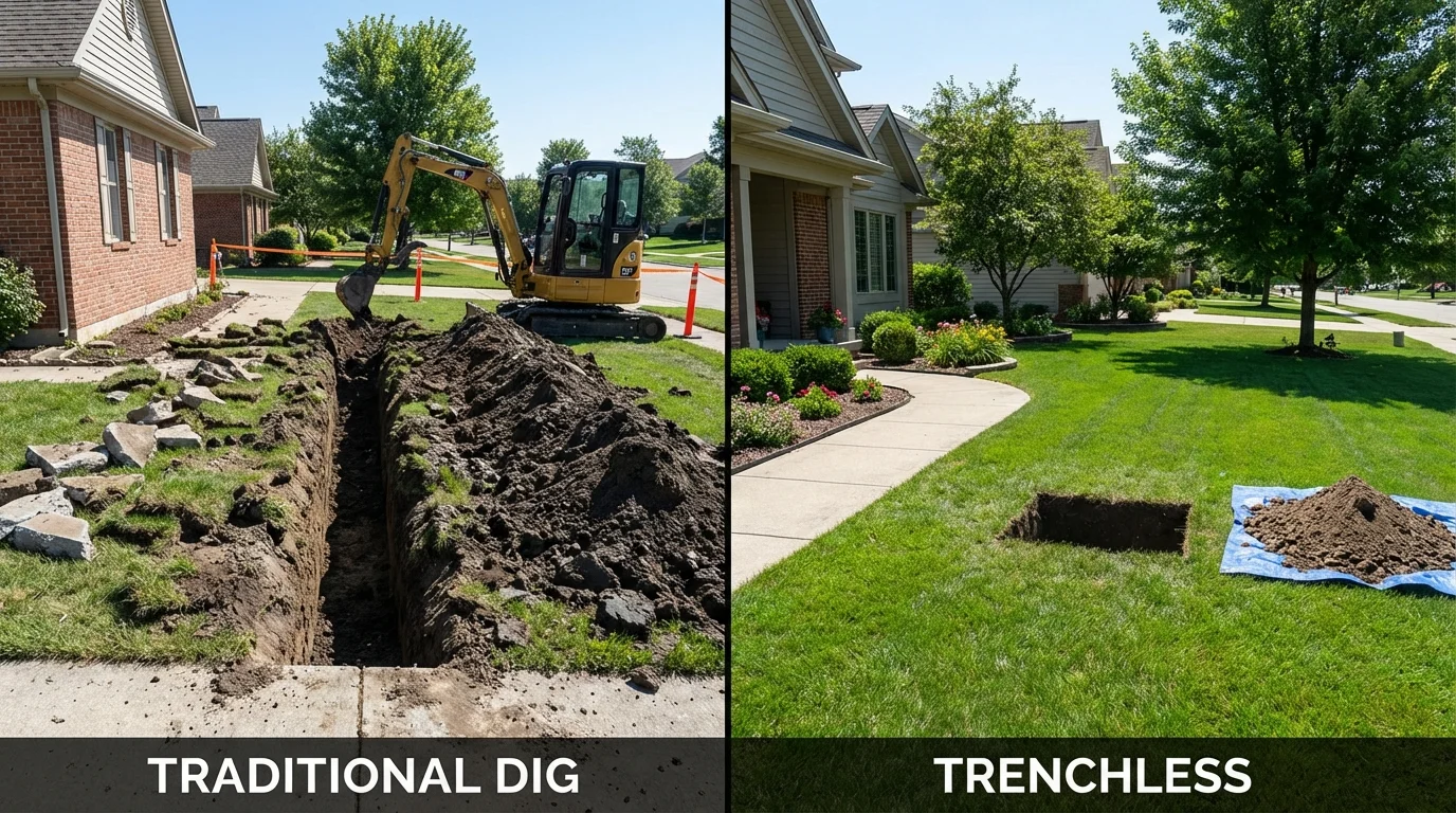 Trenchless sewer repair with minimal yard damage versus traditional excavation in Woodward, IA