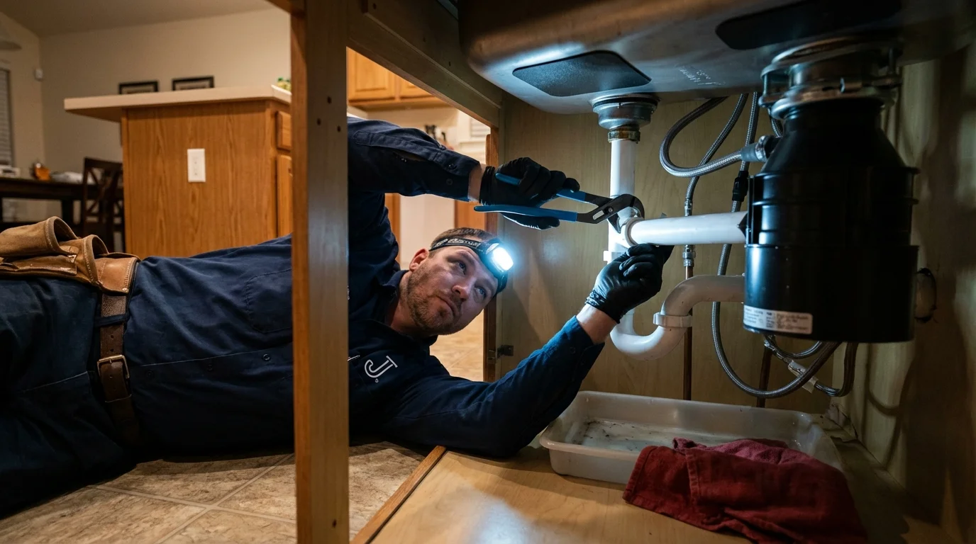 P-trap and supply line connections under a kitchen sink showing a common leak point in Woodward, IA